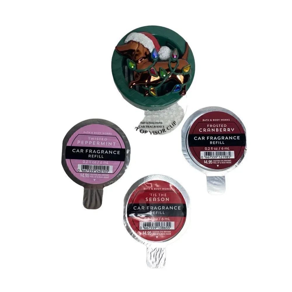 Bath and Body Works CHRISTMAS DOG Visor Clip and 3 Car Fragrance Refills
